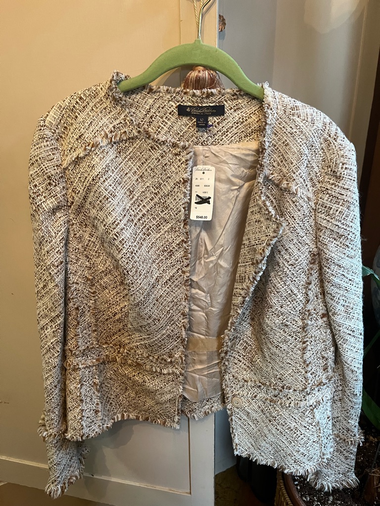 Brooks Brothers Ivory And Tan Tweed Open Jacket